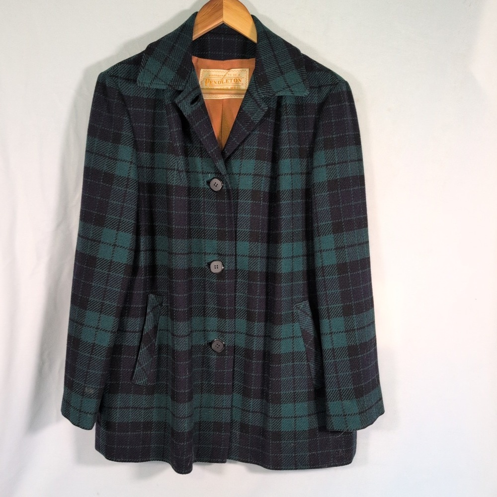 Vtg Wool Black Watch Tartan Plaid Coat Jacket Green Blue Womens 14 Large See Mea